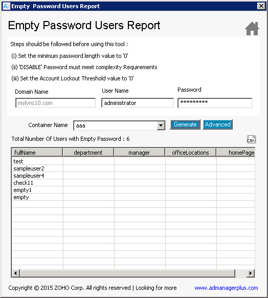 Free Active Directory Empty Password Users Report